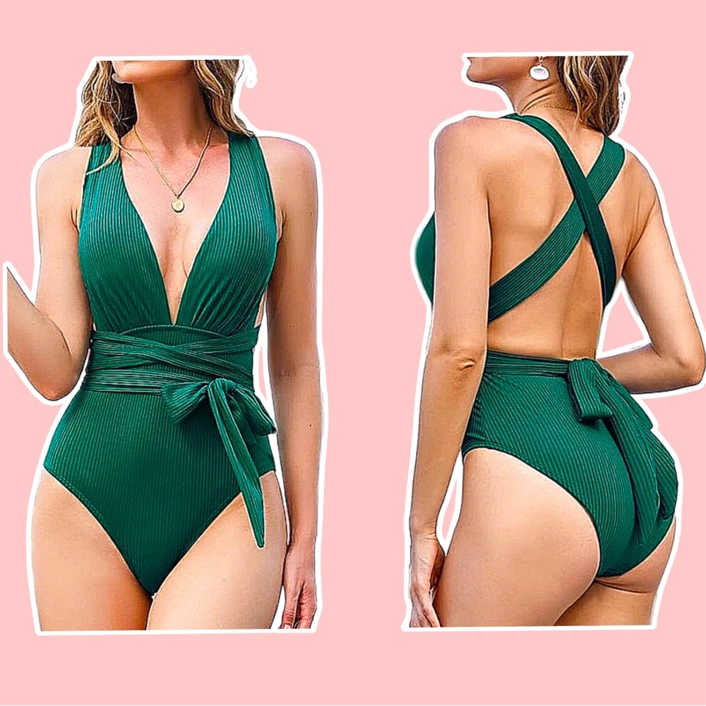 High Waisted Deep Plunge V Neck Halter Cutout One Piece Swimsuit.